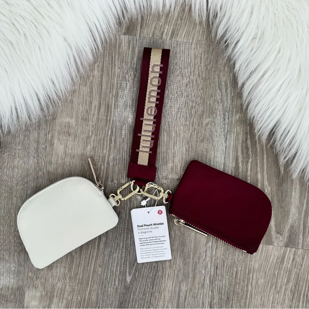 ❤️⭐️LULULEMON Dual Pouch Wristlet Wordmark Deep Luxe/Gold/Bone